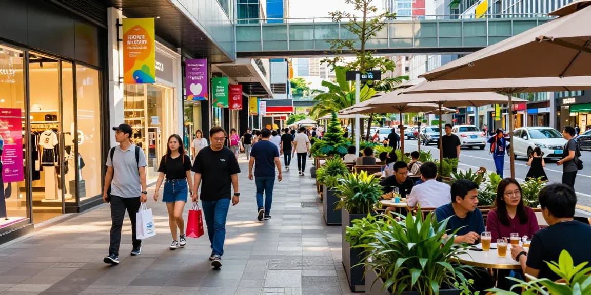 Shoppers browsing at Gold Hill Plaza, vibrant urban scene with diverse crowds.