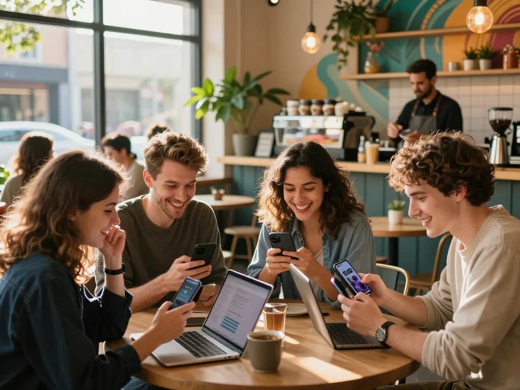 Group of friends enjoying mobile connectivity with Go 99 at a café
