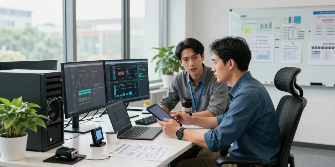 Proactive IT support for small businesses with technicians analyzing systems in a modern office.