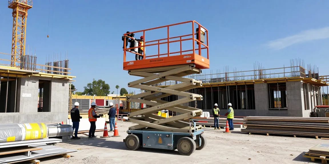 Operator using an electric scissor lift at a busy construction site, showcasing modern equipment and teamwork in action.