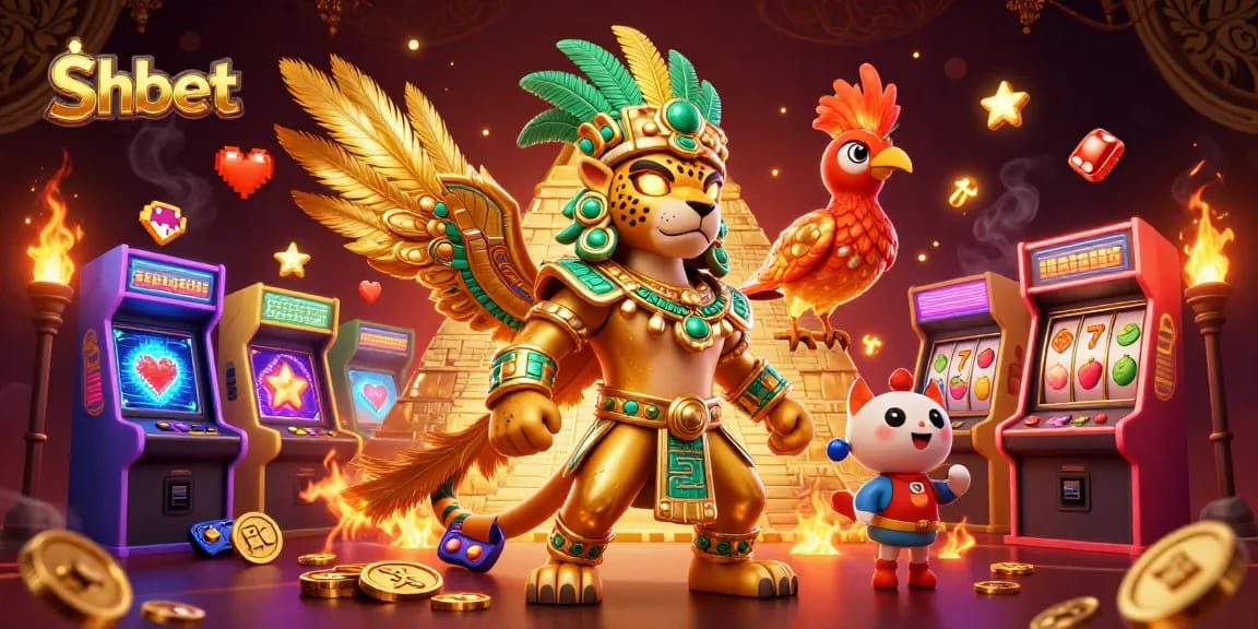 Experience Shbet in a vibrant casino scene featuring a jaguar priest and gaming elements.