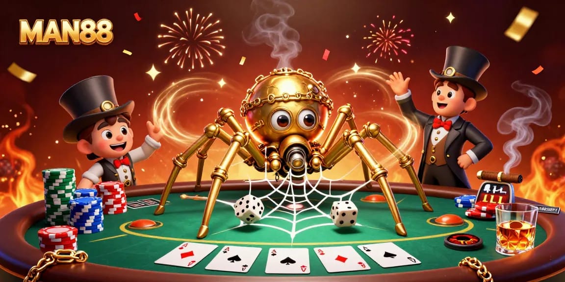 Catch exciting action at MAN88 as a steampunk spider weaves a poker-themed web.