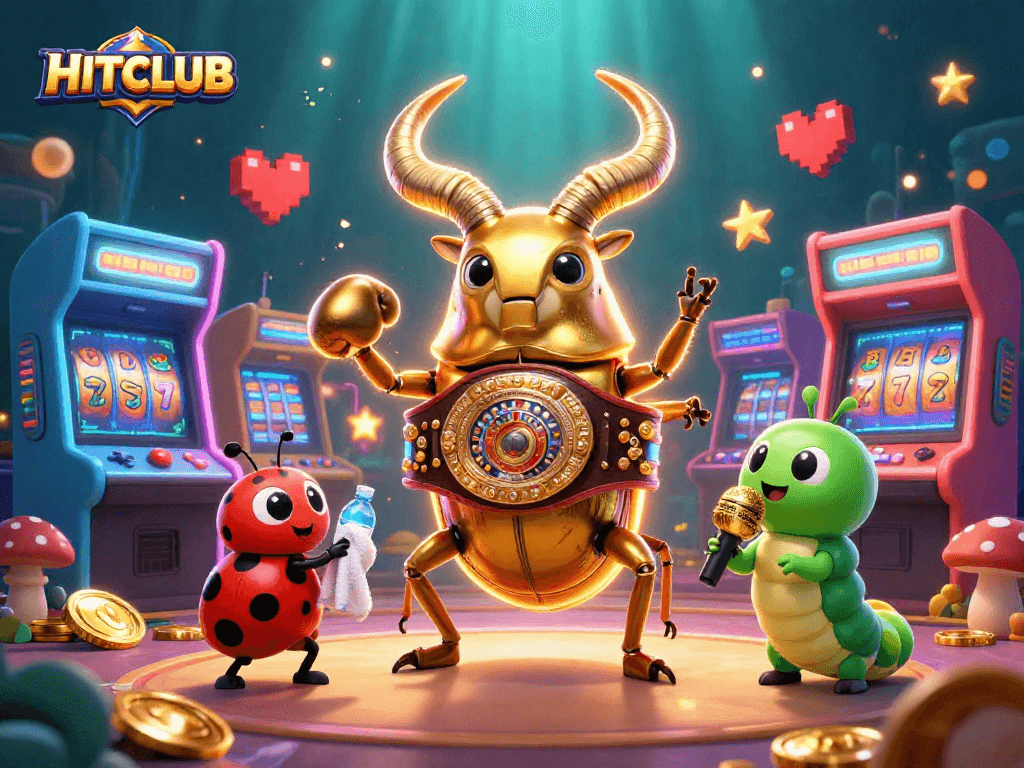 Experience HITCLUB's vibrant gaming atmosphere featuring a clash of characters in a dynamic casino setting.