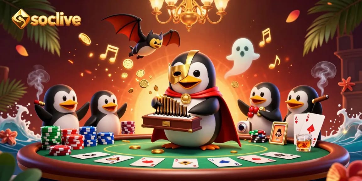Experience the thrill of socolive with a vibrant 3D illustration featuring a penguin playing an organ amidst poker elements.