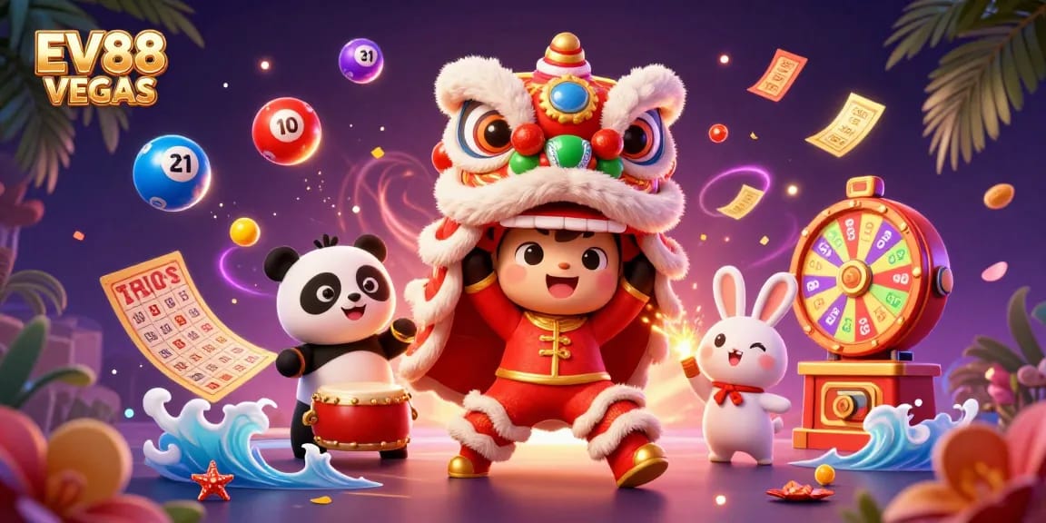 Experience the excitement of EV88 VEGAS with vibrant lottery balls and lively characters in a dynamic casino scene.