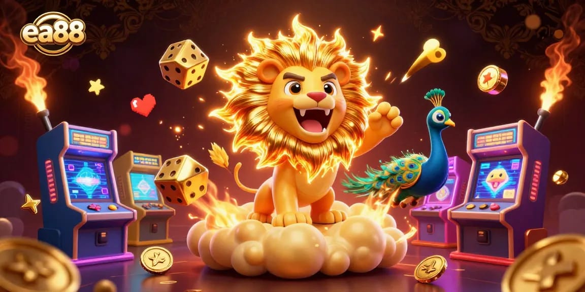 Play exciting games at ea88 with a roaring sun lion and vibrant casino elements illustrating high energy.