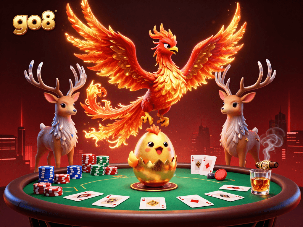 Experience thrilling gameplay at go8 with a vibrant poker scene featuring a majestic phoenix and immersive elements.