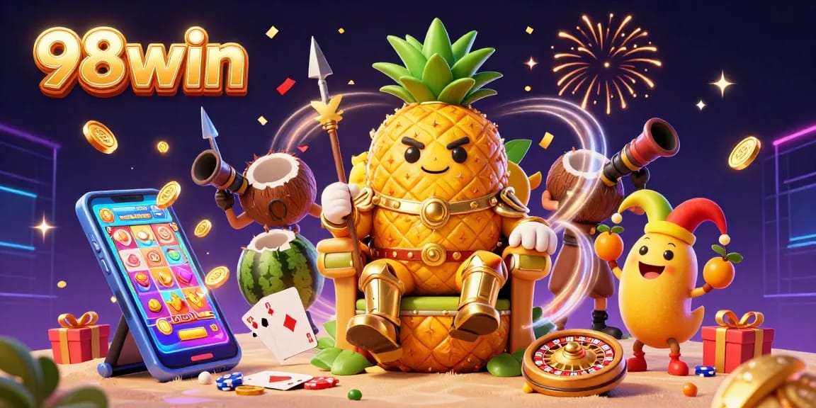 Experience exciting slot action with 98win’s vibrant casino illustration showcasing gaming elements and characters.