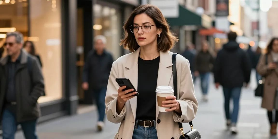Mulher usando óculos de grau feminino em cena urbana elegante, demonstrando estilo e confiança.