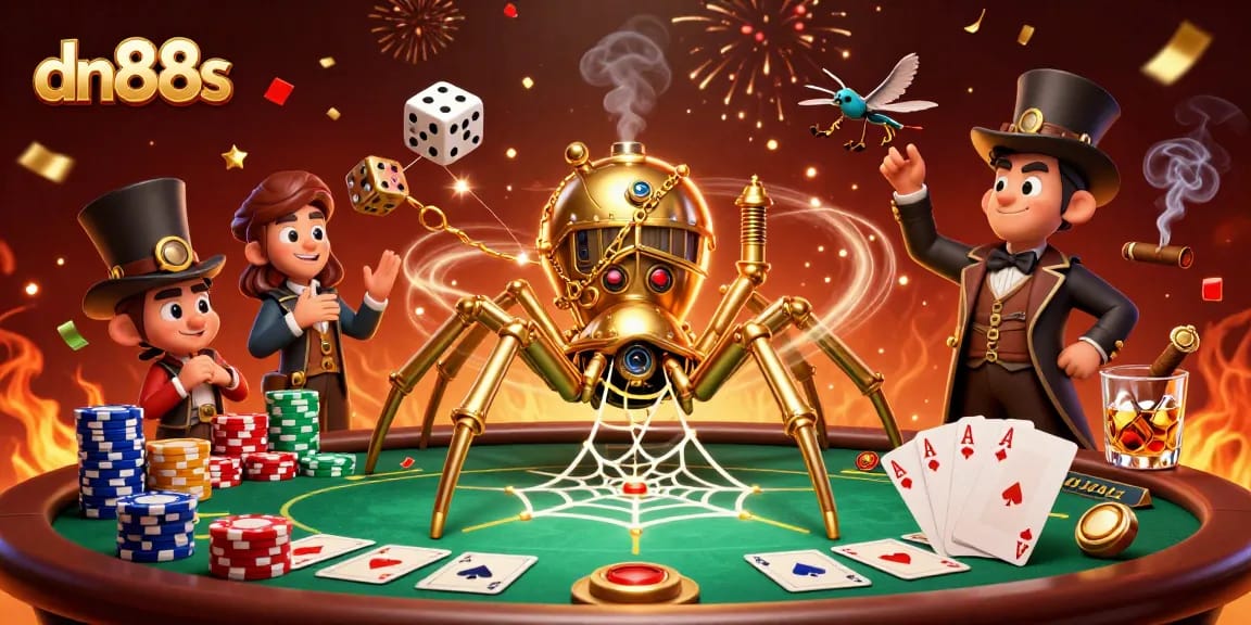 Engage in thrilling poker gameplay at dn88s with a lively scene featuring a golden spider and Victorian fly gentleman.