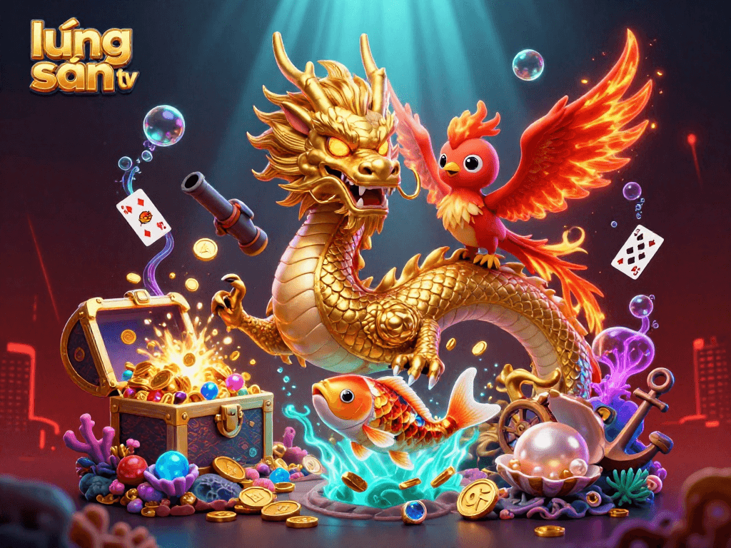 Lương sơn tv showcases a dynamic scene with a golden dragon, red phoenix, and koi fish amidst a vibrant casino-themed underwater world.