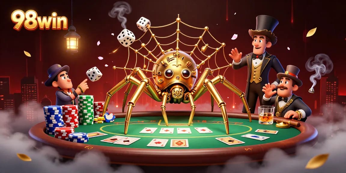 Experience the thrill of 98win as a steampunk spider weaves a web of poker fortunes.