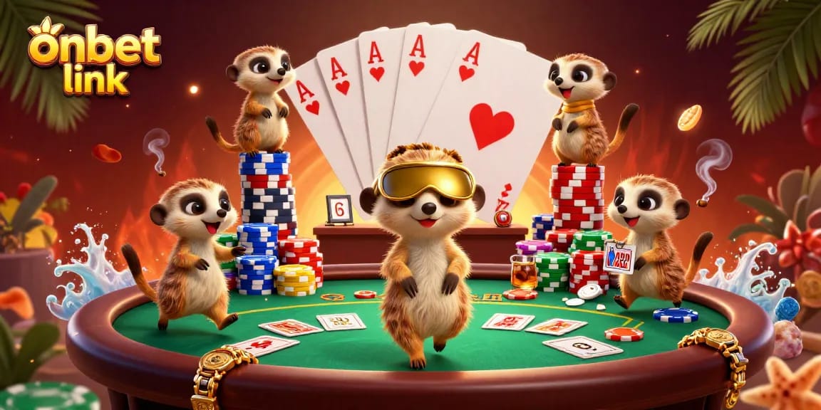 Engage with onbet link to discover a vibrant casino scene featuring meerkats and poker action.