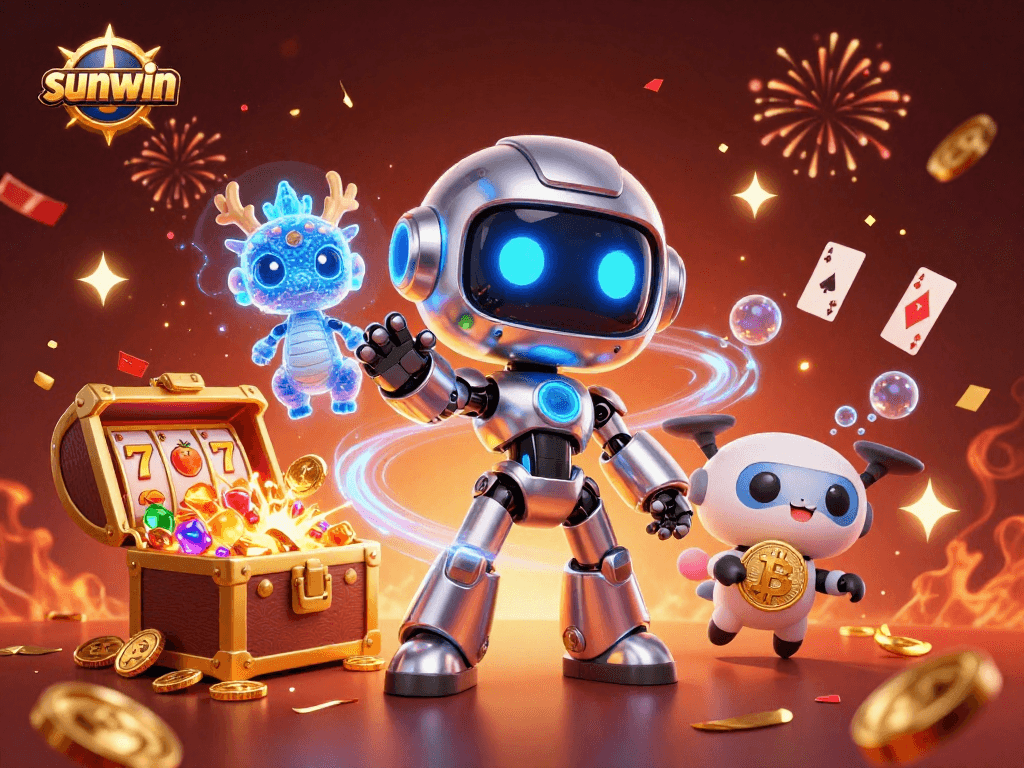 Engage with sunwin's vibrant slots scene featuring robot characters, gold coins, and colorful gems.