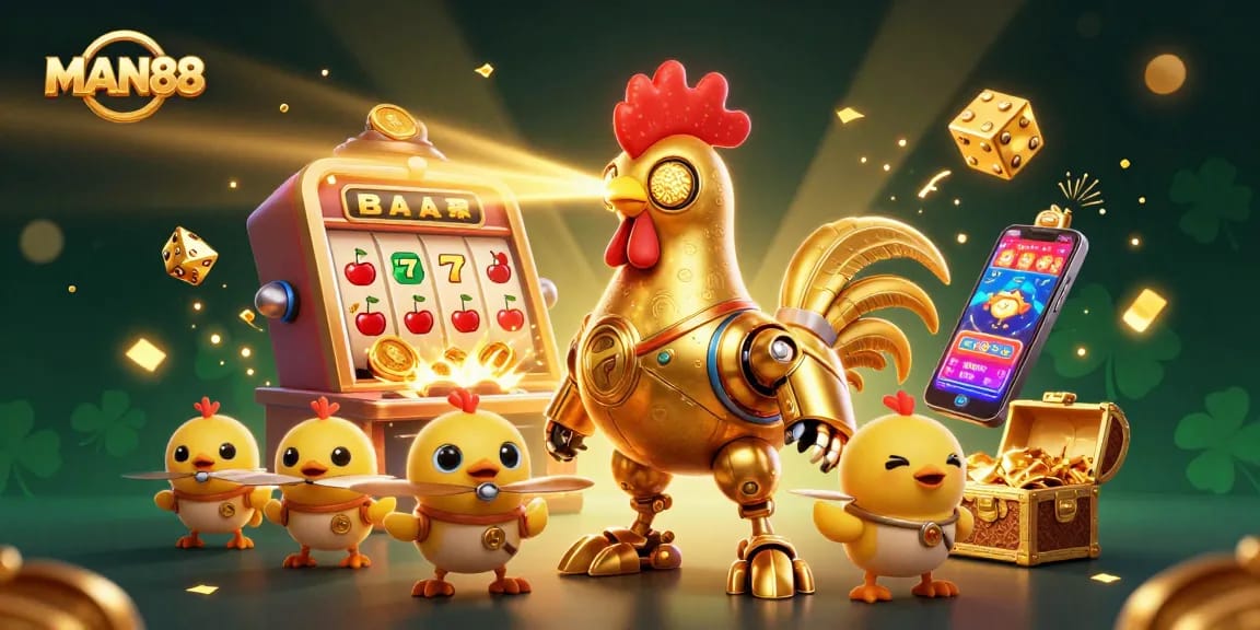 Engage with MAN88's vibrant casino experience featuring a golden rooster robot and baby chick drones amidst a jackpot explosion.