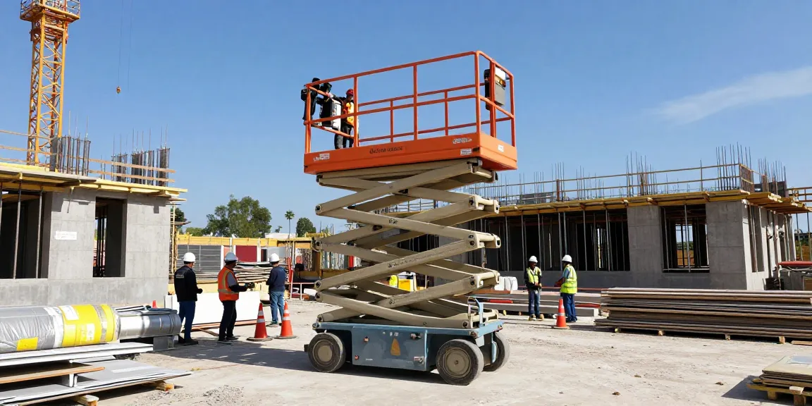 Operator using an electric scissor lift at a busy construction site, showcasing modern equipment and teamwork in action.