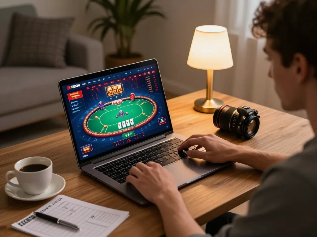 Engaging in giới thiệu net88 online poker gameplay from a stylish home setup, enhancing responsible gaming experience.