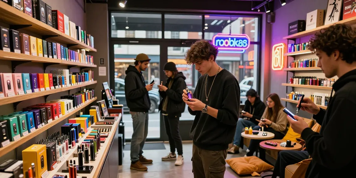 Group enjoying rokok88 flavors in a trendy smoke shop's vibrant atmosphere