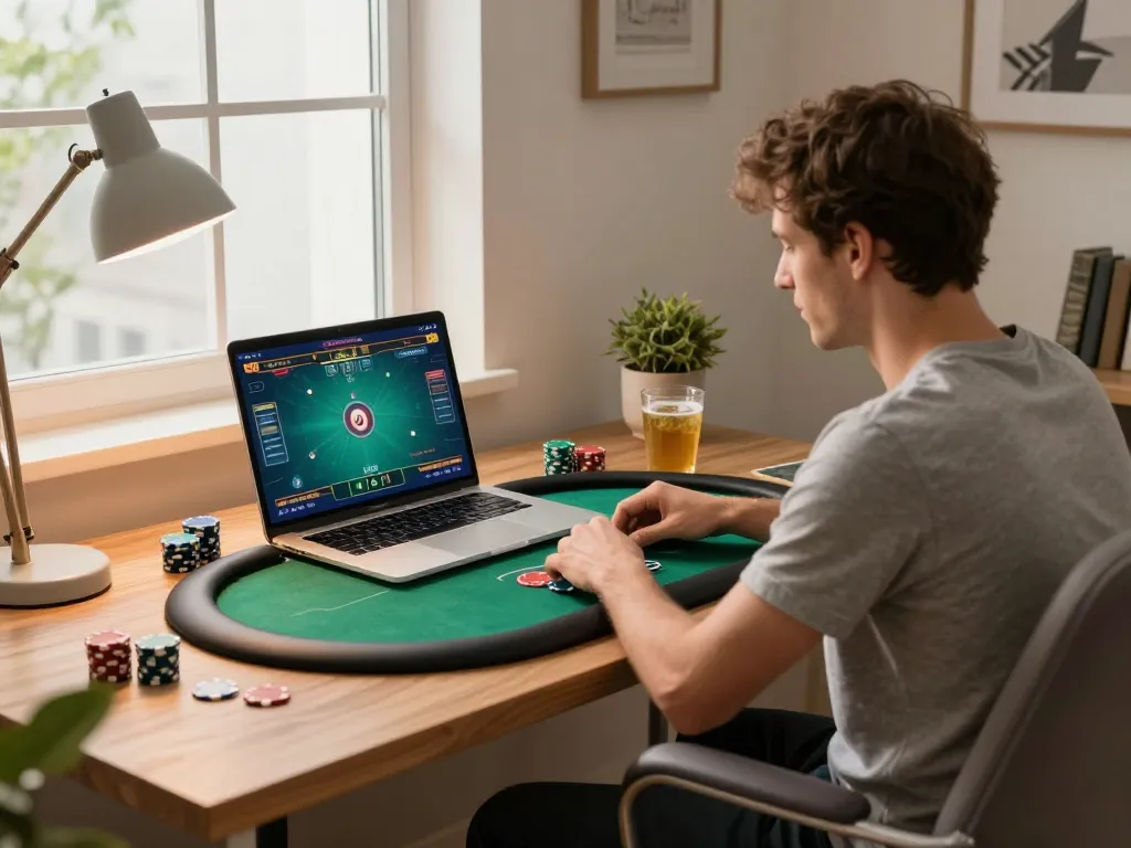 Player strategizing in fun79 online poker game at home with cozy decor