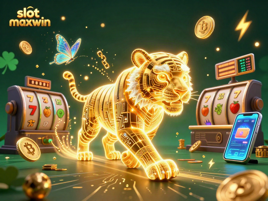 Engage with the vibrant slot maxwin scene featuring a neon golden tiger and fruit symbols in a digital casino.