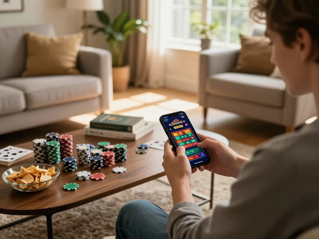 Engaging with the 88aa com mobile app for online casino gaming in a cozy living room.