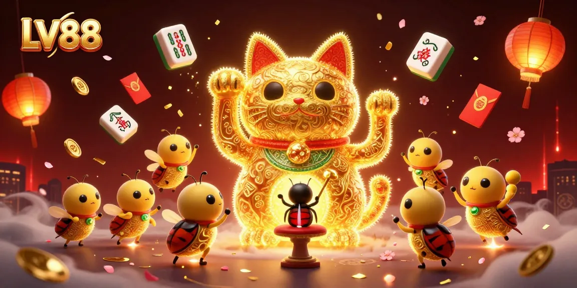 Engage with LV88's vibrant online casino world featuring lucky cats and dynamic gaming elements.
