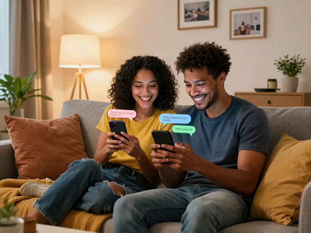 Couple enjoying sexting ai in a playful, cozy living room setting, highlighting intimacy.