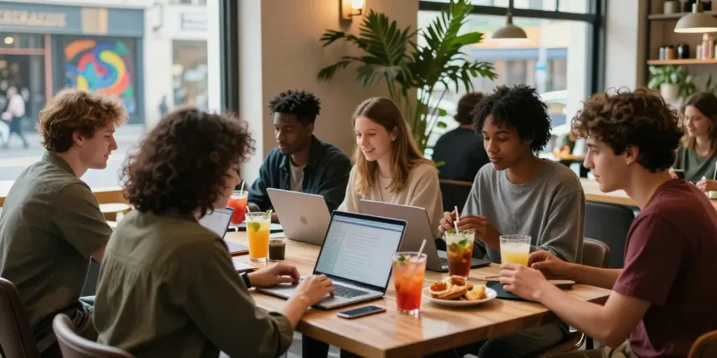 People socializing at a trendy café while discussing rokok88 super gaming strategies.