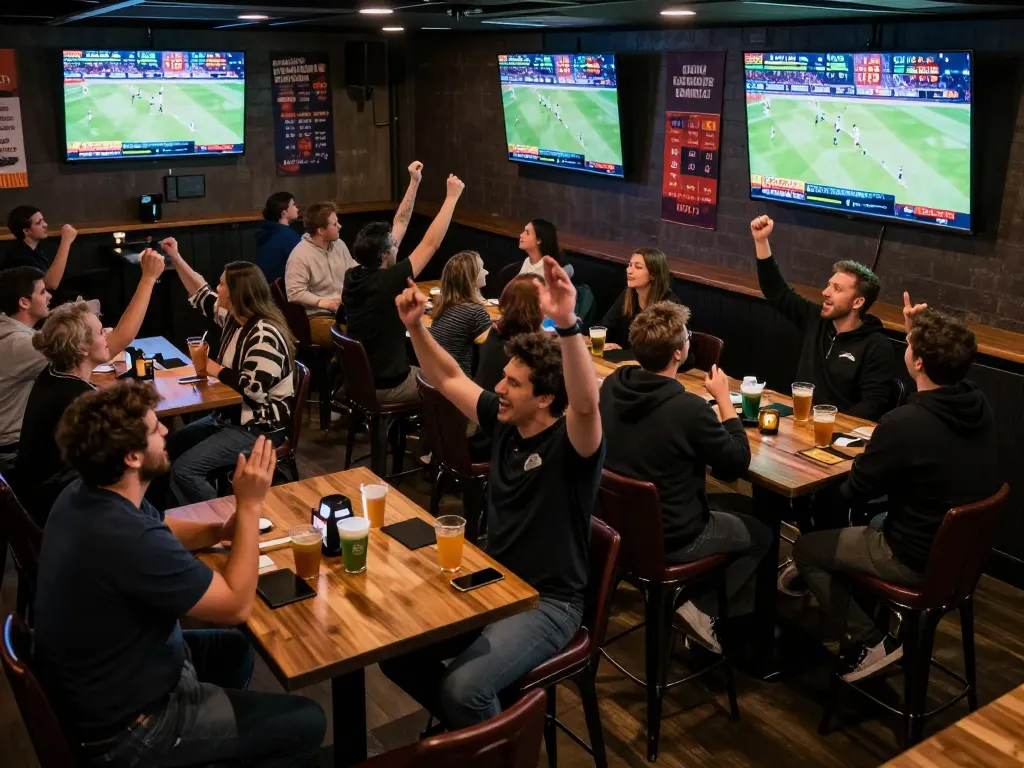 Soi keo nha cai with sports fans placing bets and celebrating in a vibrant sports bar atmosphere.
