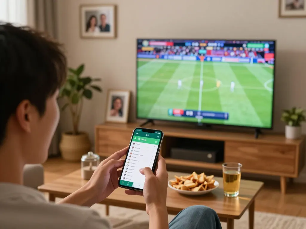 Placing live sports bets on open88 app during a game in a cozy home environment.