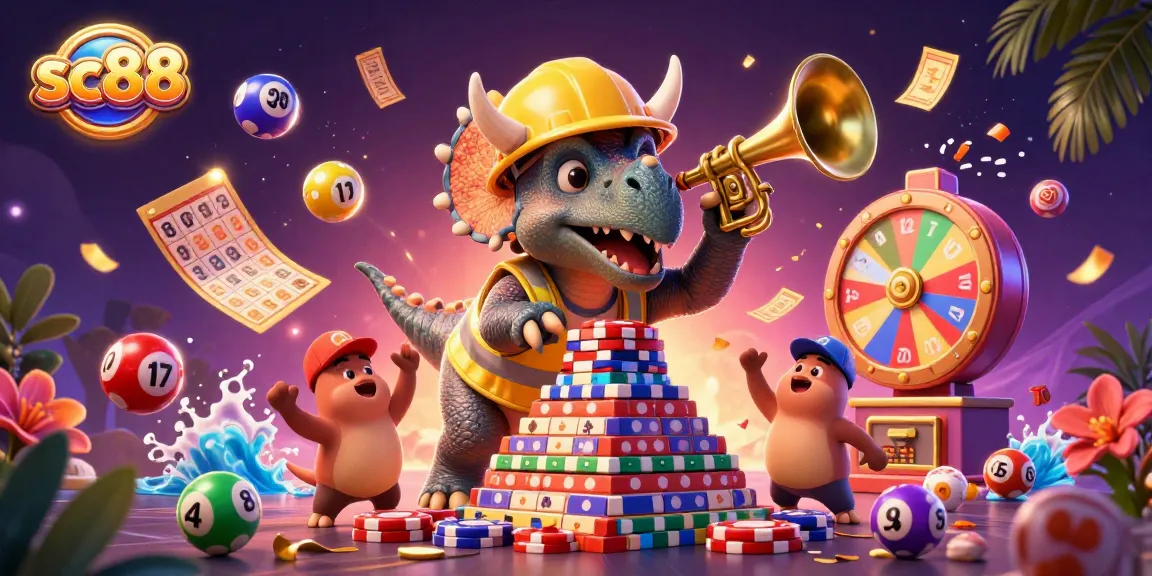 Experience the excitement at sc88 with a vibrant 3D casino scene featuring playful dinosaurs and dynamic gambling elements.