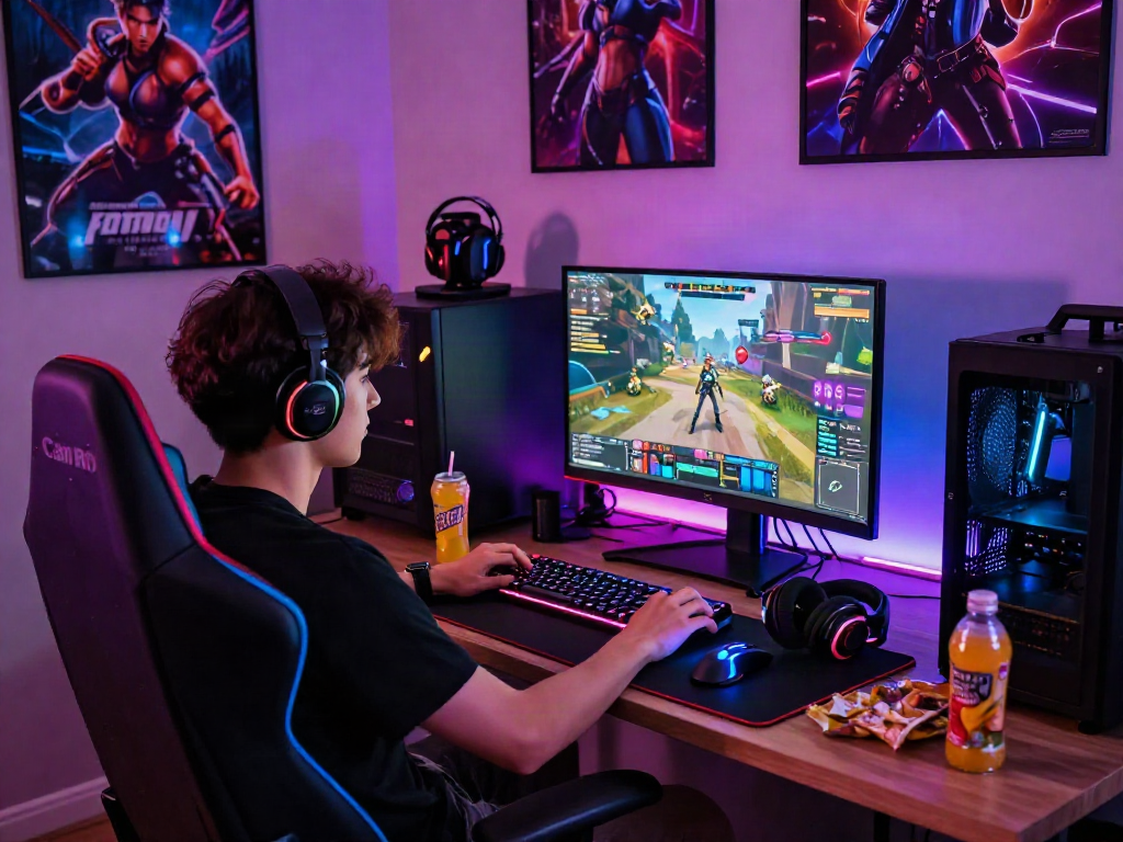 Engaging gamer immersed in interactive porn games with vibrant RGB lights and detailed game graphics.