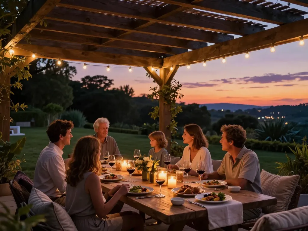 Famiglia riunita sotto un elegante configuratore pergole con preventivo al crepuscolo per una cena accogliente.