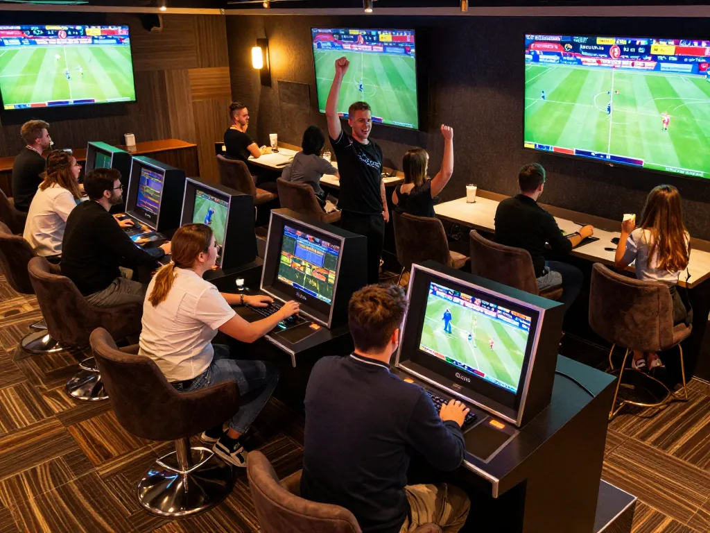 Enthusiastic bettors enjoying live sports betting at 8live's premium lounge.