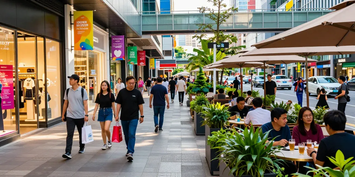 Shoppers browsing at Gold Hill Plaza, vibrant urban scene with diverse crowds.