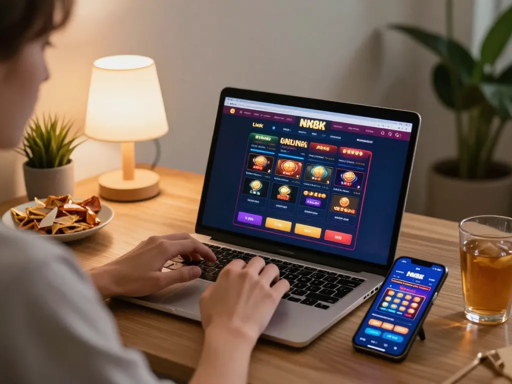 Playing online casino games on Link NK88 with vibrant interface in cozy home setup