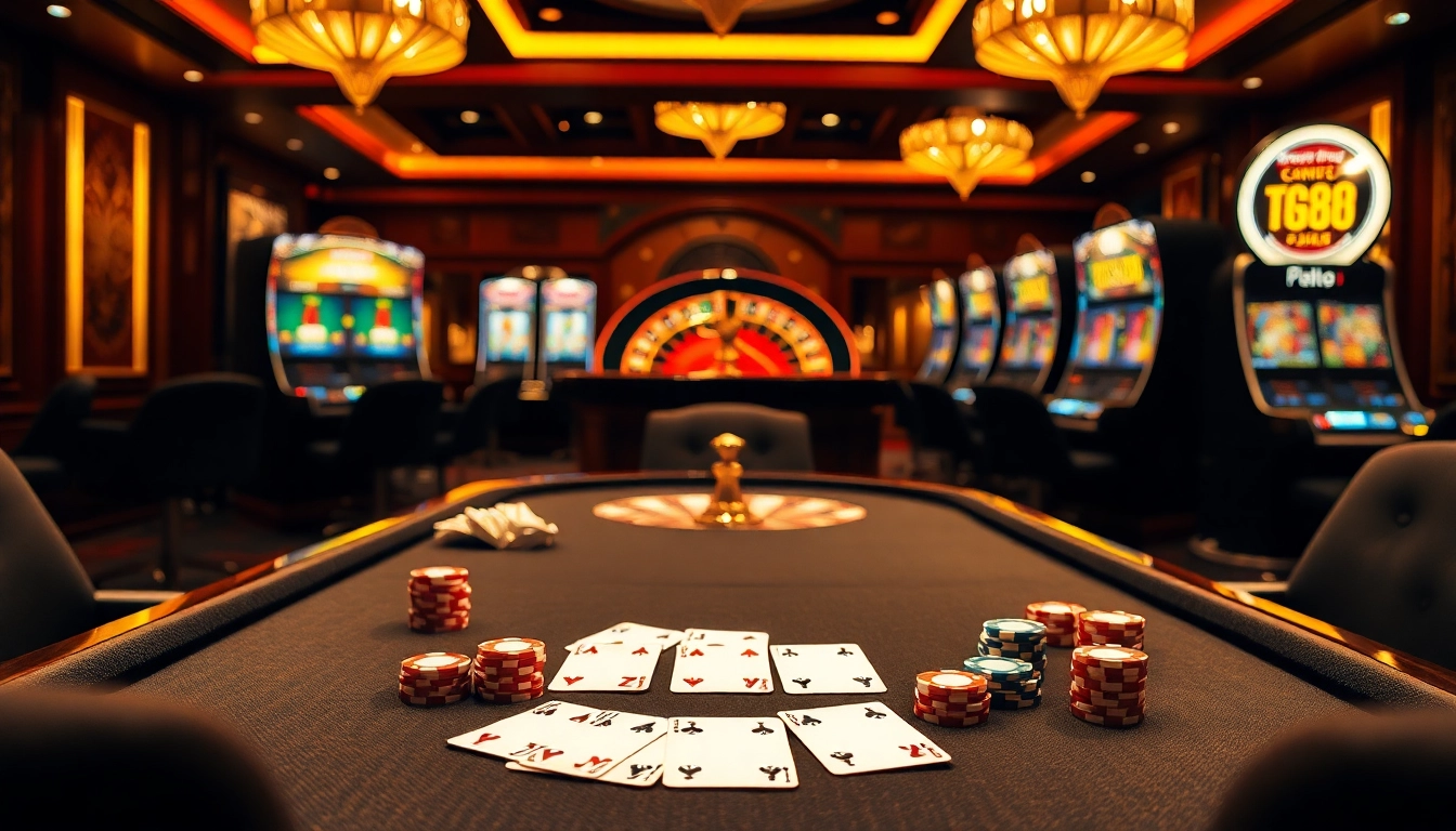 Experience the excitement of high-stakes gambling at https://tg88co.com/ with a luxurious poker table and roulette wheel.