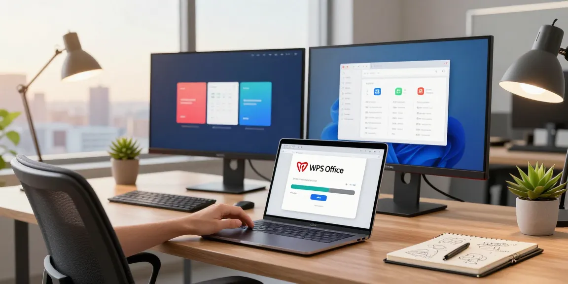 WPS Download in progress on a modern laptop in a bright digital workspace.