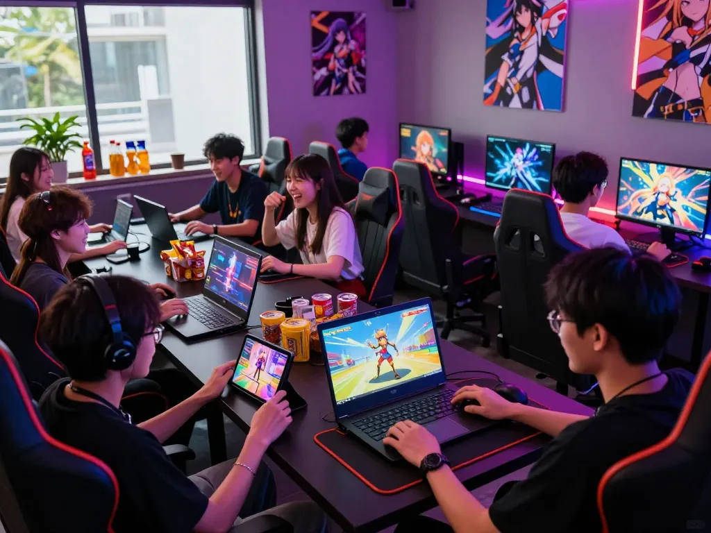 Young adults immersed in anime porn games, showcasing vibrant gaming atmosphere.