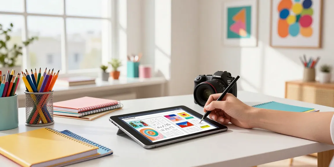 Custom printed notebooks being designed by a creative professional in a bright studio environment, showcasing colorful stationery.