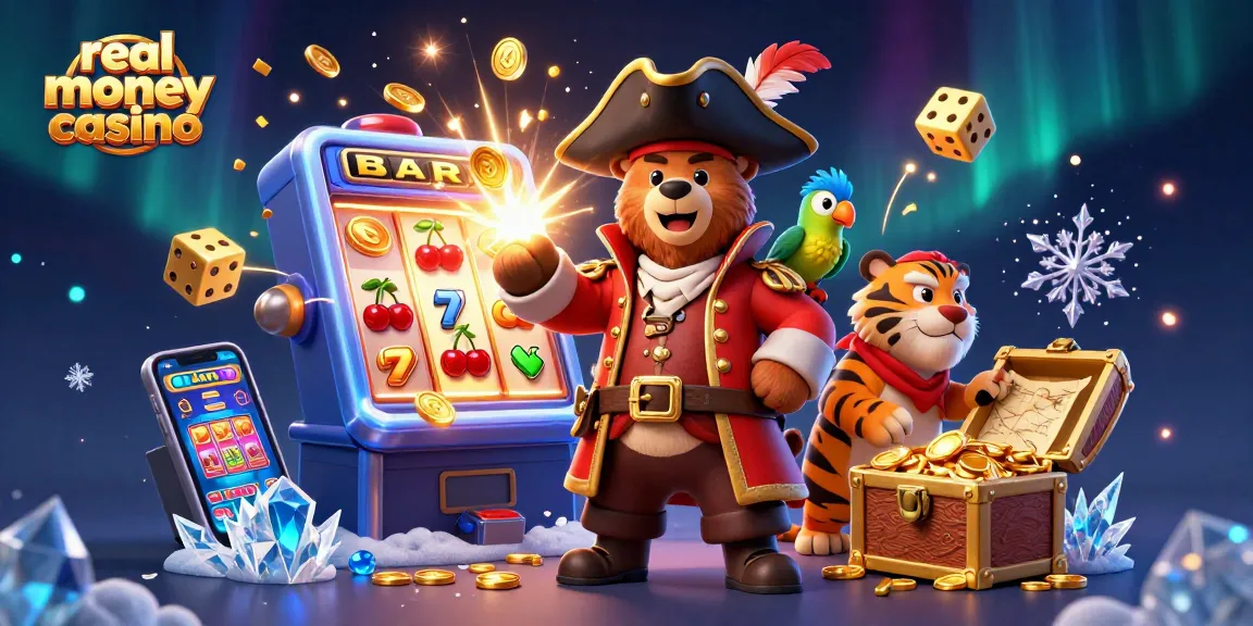 Experience an exciting scene of a real money online casino with a cartoon bear, tiger, and parrot bursting with casino symbols and gold coins.