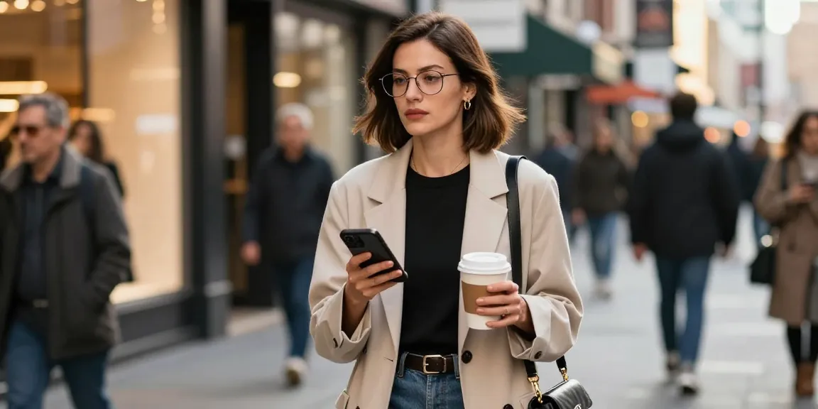 Mulher usando óculos de grau feminino em cena urbana elegante, demonstrando estilo e confiança.