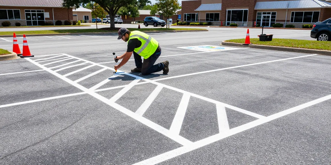 Parking lot striping in Mobile, Alabama showcasing clear lines and professional application.