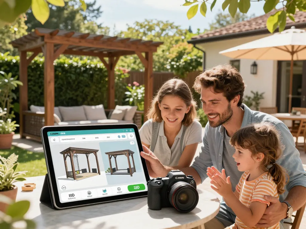 Engaged family using a configuratore 3D per pergole on a backyard tablet, exploring custom pergola options.