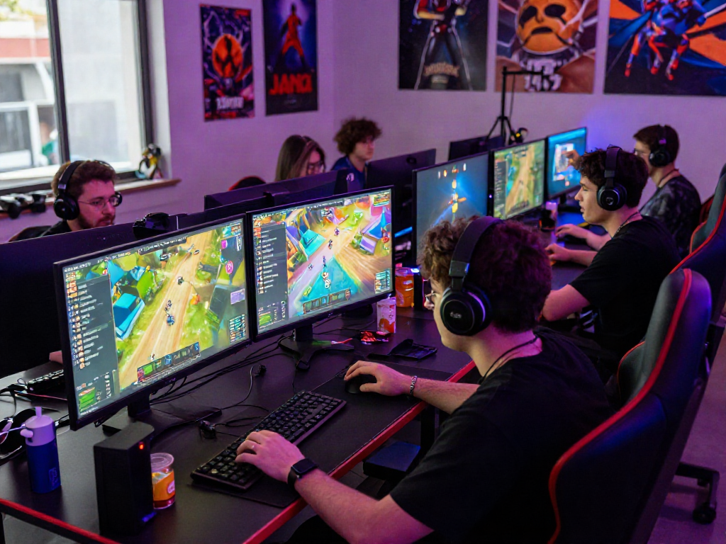rokok88 daftar gaming enthusiasts immersed in vibrant competition at their setups