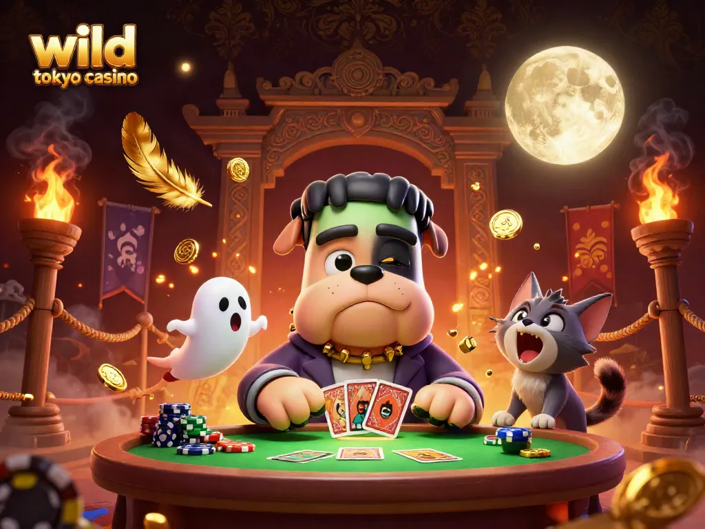 Engage with wild tokyo casino's thrilling gameplay at a haunted card table with spooky characters.