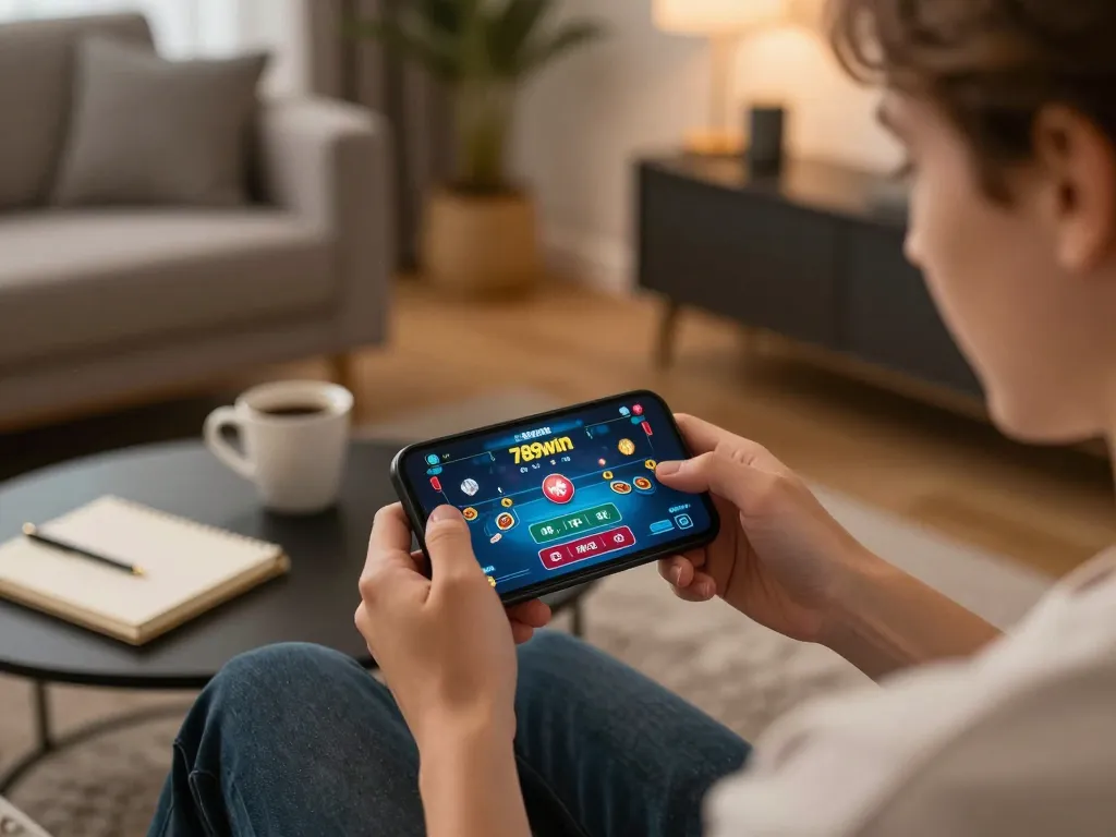 The 789win app displayed on a smartphone in a cozy living room during online gaming.