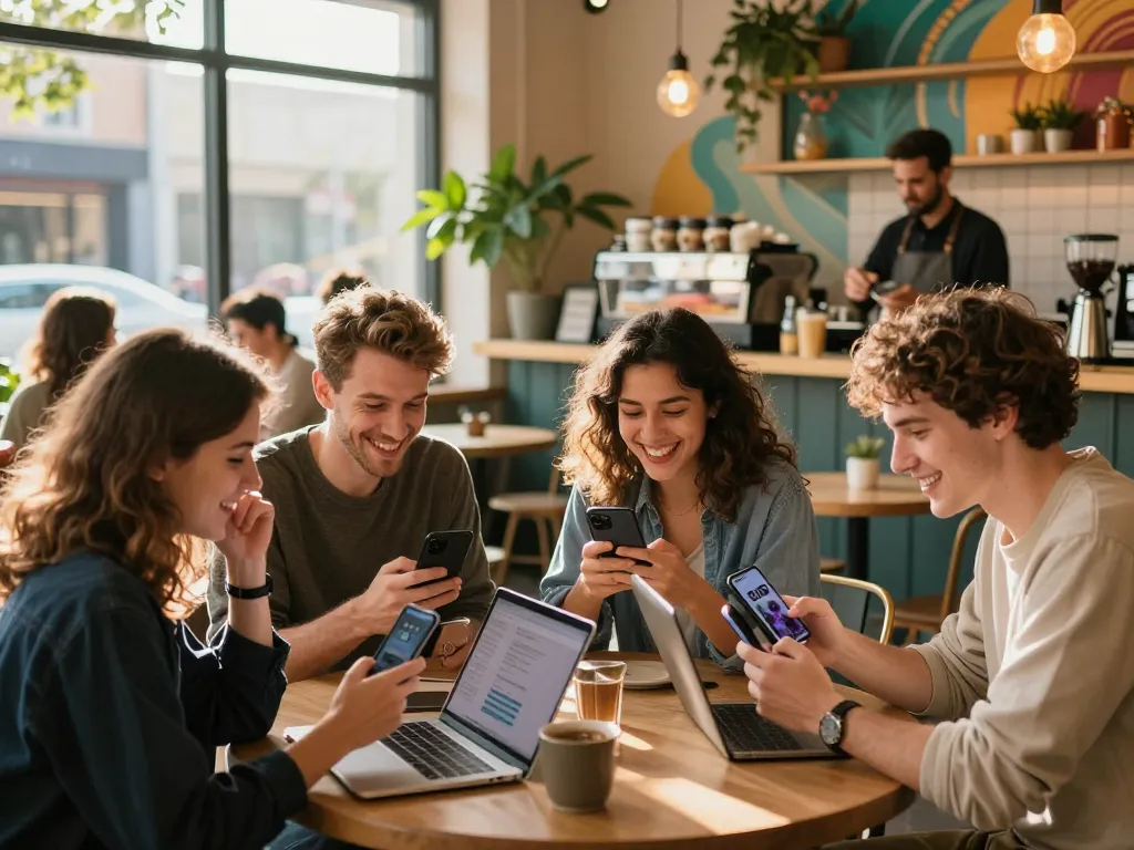 Group of friends enjoying mobile connectivity with Go 99 at a café