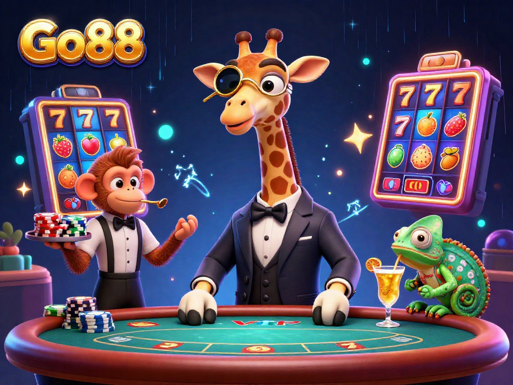 Hit the jackpot with Go88 in this vibrant, action-packed casino scene featuring a high-roller giraffe and fun gaming elements.