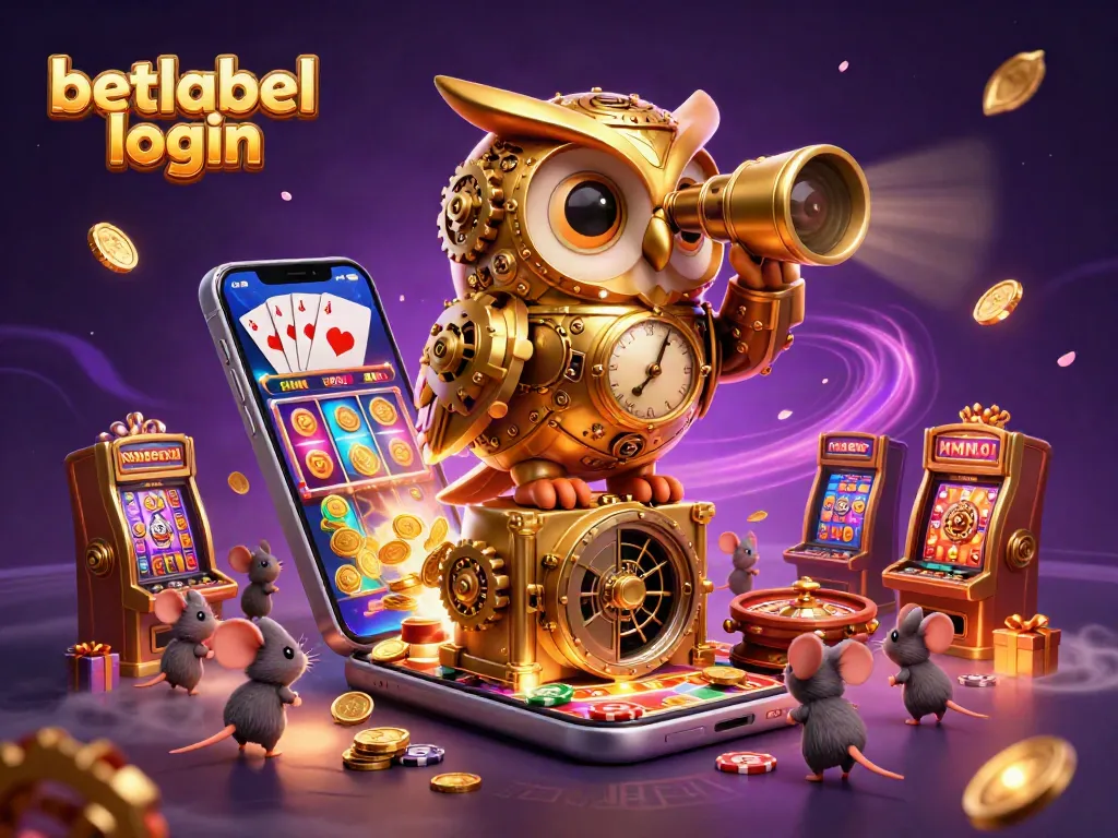 Engage with betlabel login through an exciting 3D casino scene with golden owl and slot games.